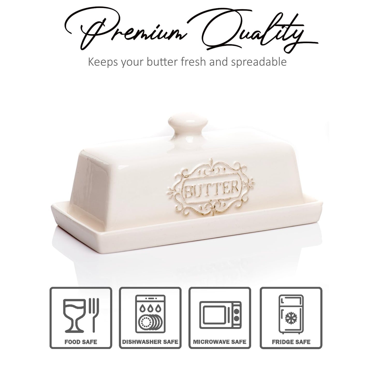 Covered Butter Dish with Lid - Elegant Engraved Butter Holder with Lid - Ceramic Butter Stick Holder Tray Holds Any Size Stick - Decorative Butter Keeper Container for Countertop & Fridge - 7.7" x 4"