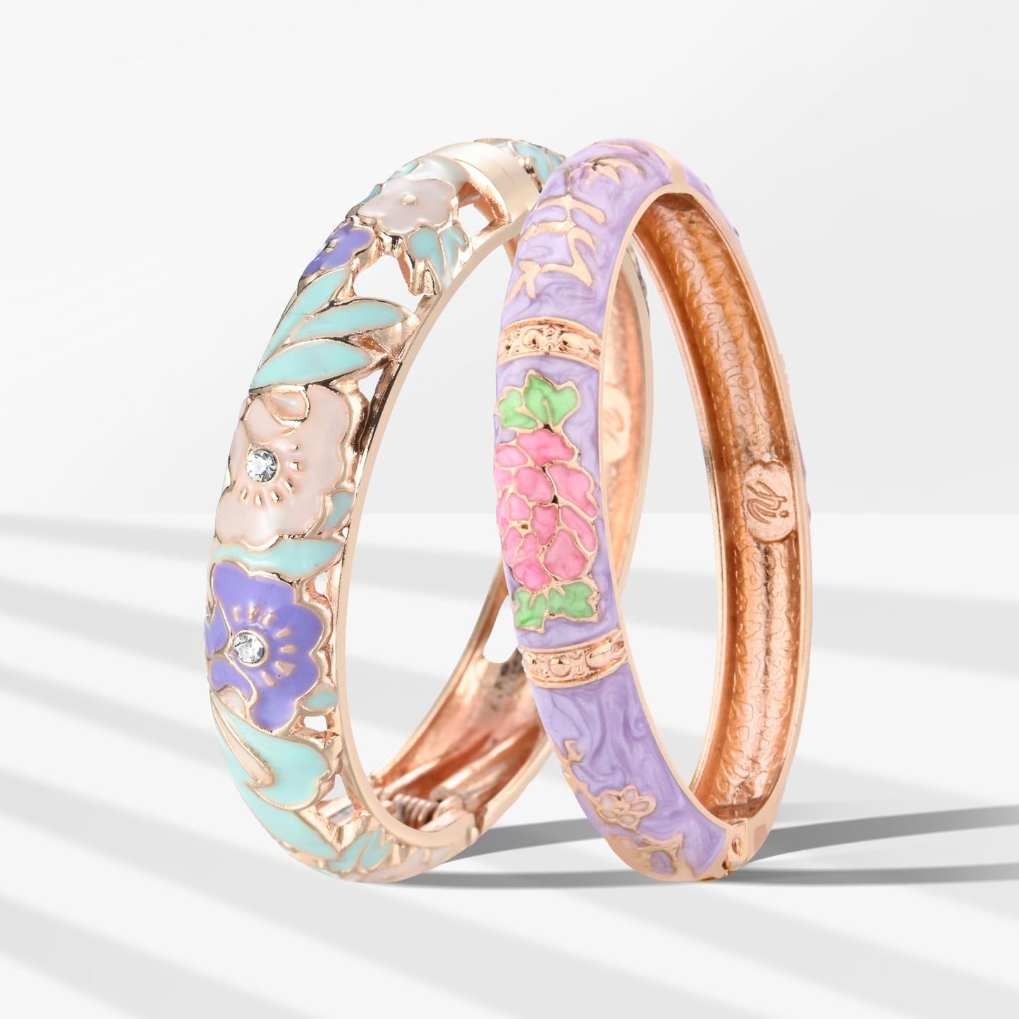 wynameleri Vintage Jewelry Cloisonne Handcrafted Enameled Gorgeous Rhinestone Flower Hinged Cuff Bracelet Bangles Gifts 88A08-55A127 Cream Purple