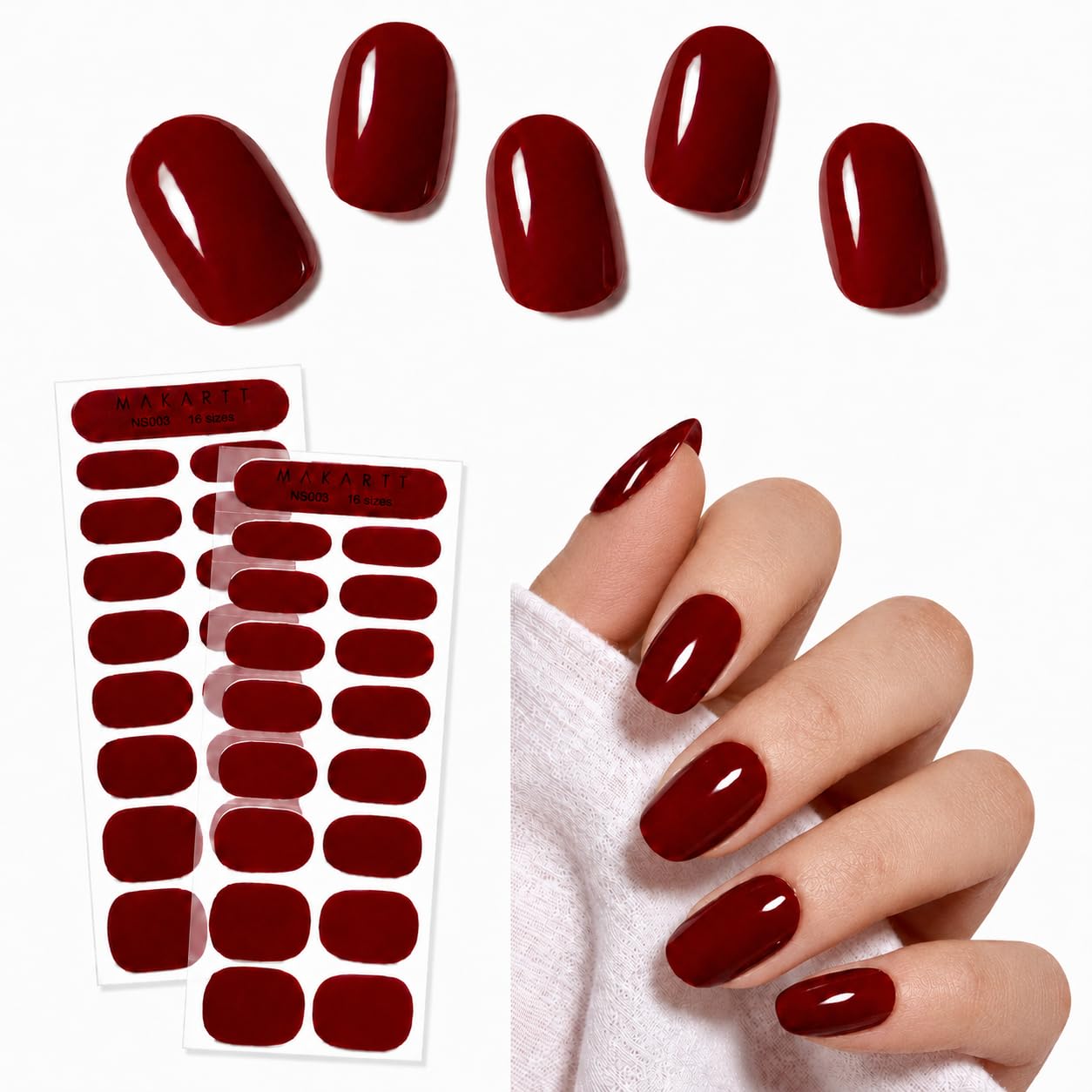 Makartt Semi Cured Gel Nail Strips Kit 2 Packs – Real Gel, Hema & TPO Free, 16 Sizes Anti-Lift Fit, UV Light Required, Salon Quality, Long Lasting, Includes Dual-Ended Tool & Prep Kit (Deep Burgundy)