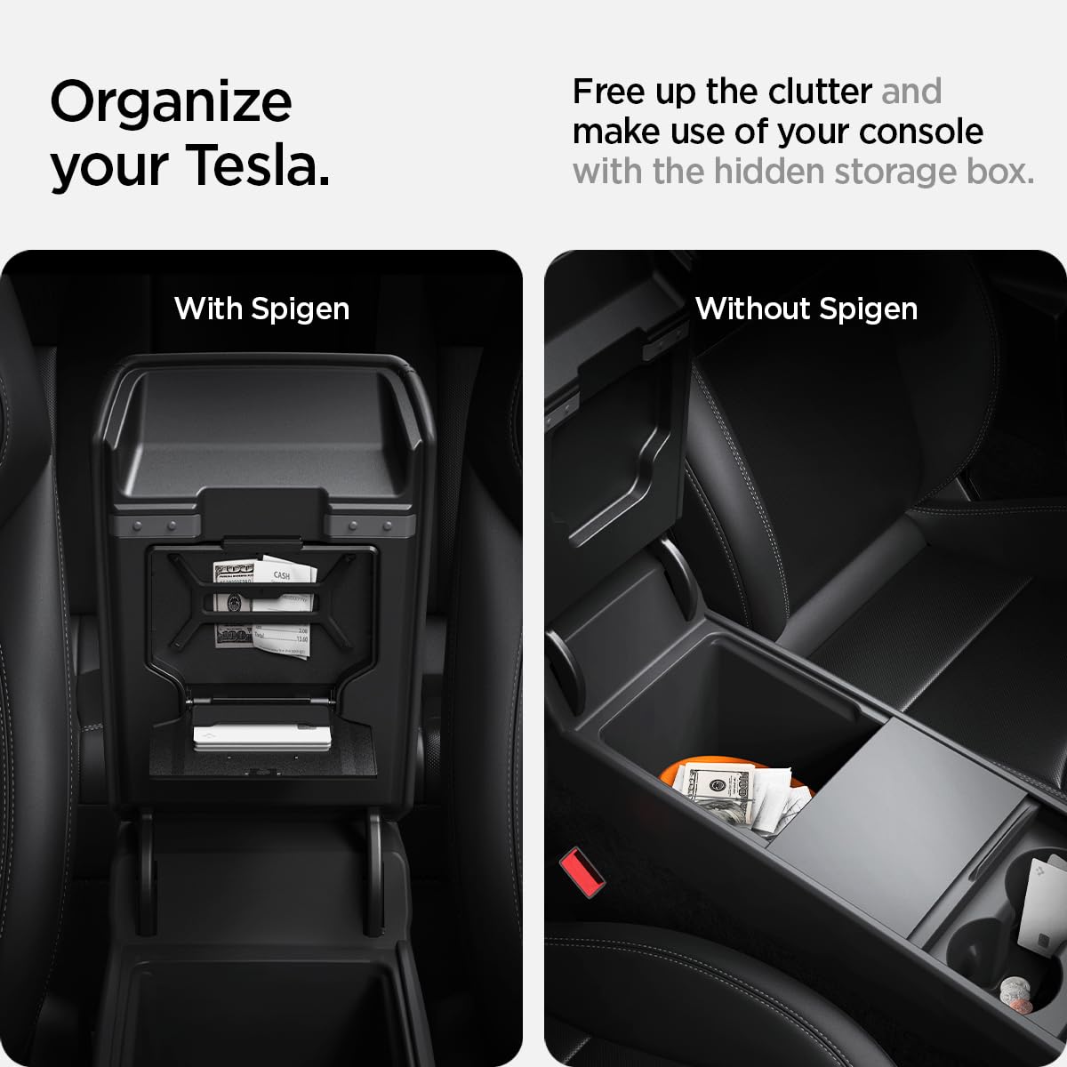 Spigen One-Tap Hidden Storage Box for Tesla Model Y Juniper (Standard, Premium & Performance 2026/2025) and Model 3 Highland (Standard, Premium & Performance 2026/25/24)