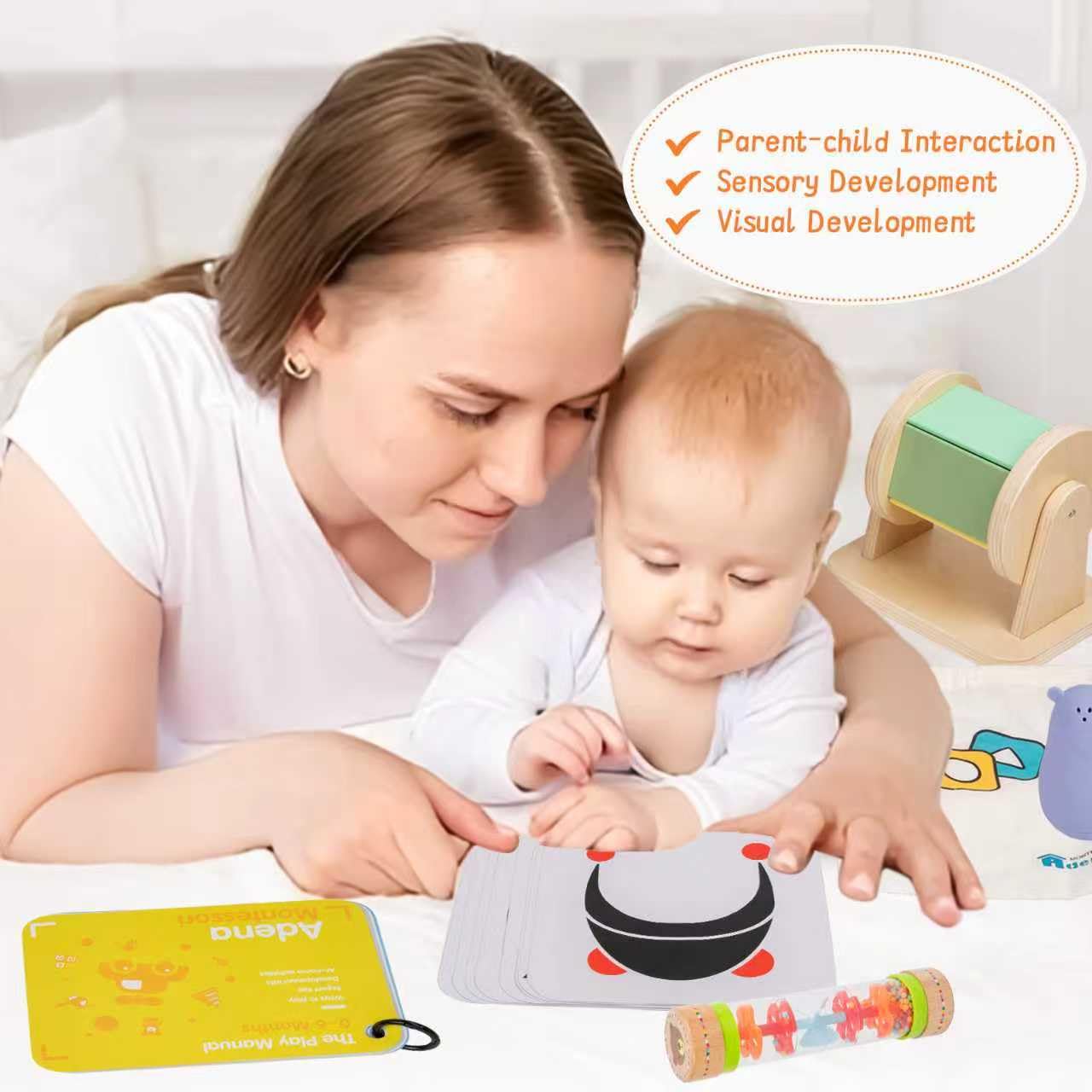 Adena Montessori Play Kit for 0-6 Month Baby,8 in 1 Learning Kit Includ Black&White Card,Rainmake Rattle,Sensory Ball,Tummy Time Wobbler,Tissue Box,Tissue,Rainbow Ball,Rainbow Drum