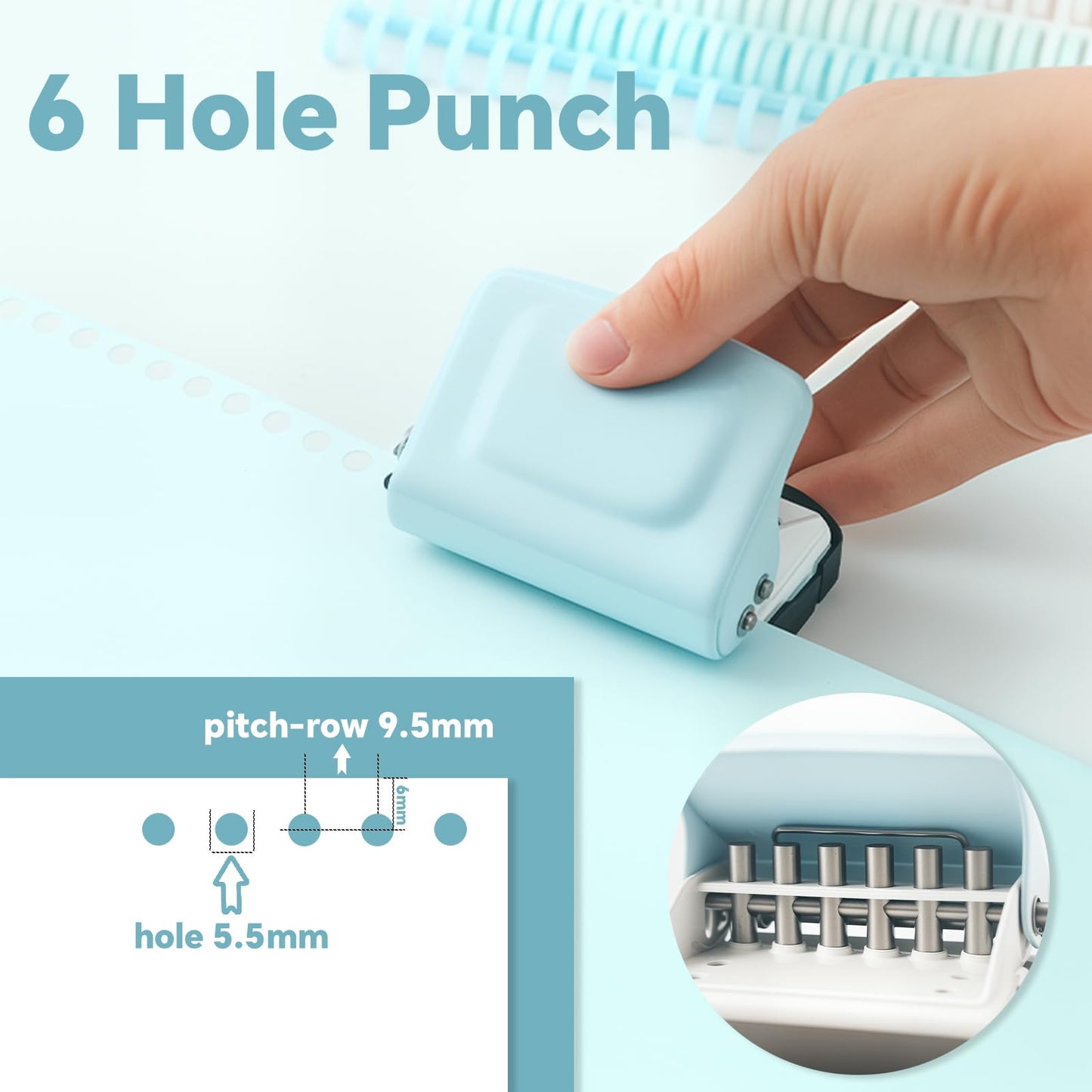 Spiral Binding Machine-Mini 6 Hole Puncher, DIY Creative Book Binder Machine for Planner, A4-30 Holes, A5-20 Holes, B5 26 Holes with 16 PCS 6-Hole Loose Leaf - Blue