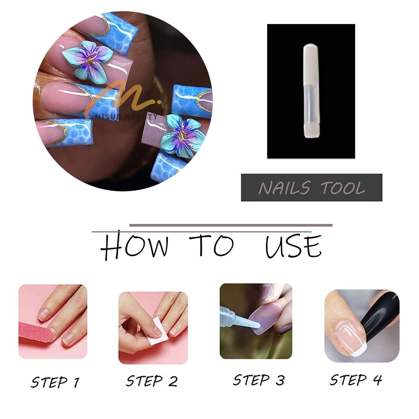MISUD Press on Nails - Long Square Glue on Nails with Blue French Tip, Acrylic Flower Design 24 pcs