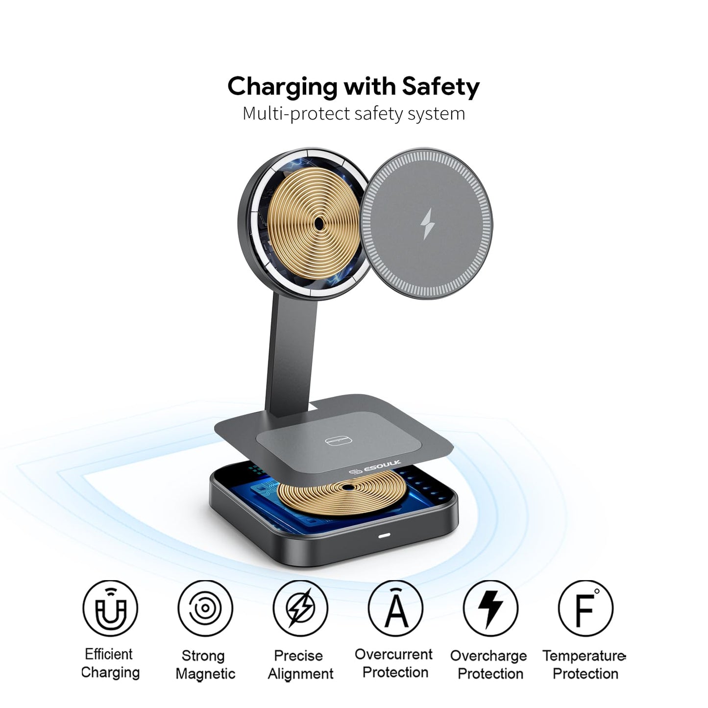 Esoulk 2 in 1 Magnetic Wireless Charging Station, Foldable Charger Stand for iPhone 17/16/15/14, AirPods Charging Pad, Travel Compact 15W Fast Wireless Charger