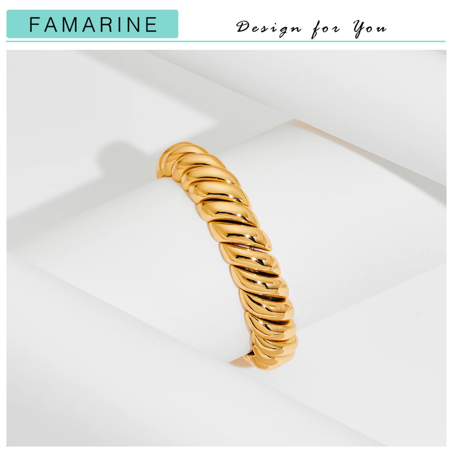 FAMARINE 14K Gold Plated Chunky Bangle Bracelet, Stretchable Elastic Bracelet for Women Men