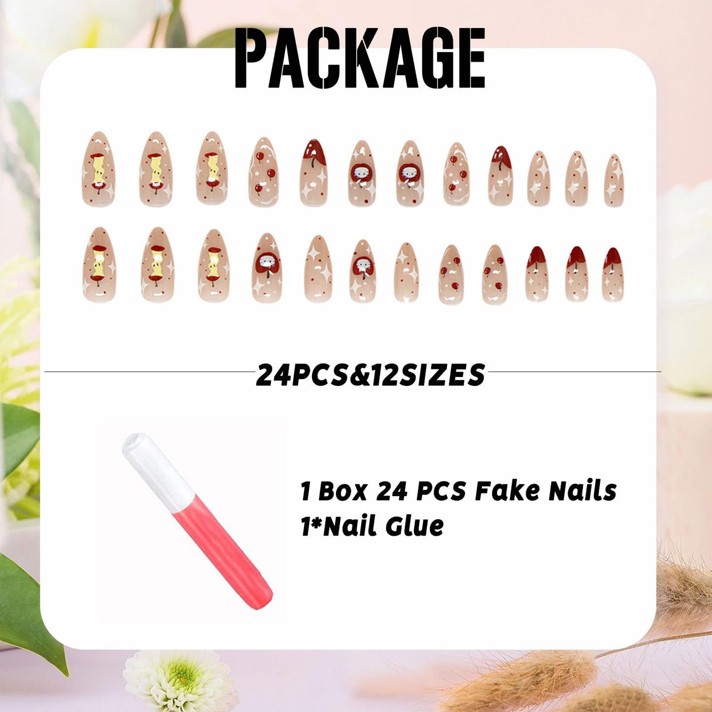 IMSOHOT Press on Nails Medium Almond Fake Nails Red Apple Acrylic False Nails with Cute Kitten Designs Nude Glossy Full Cover Stick on Nails for Women Girls 24Pcs