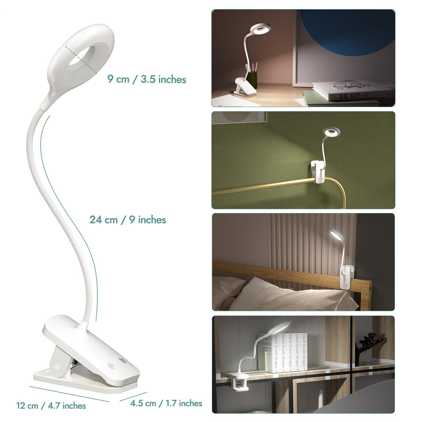 CUHIOY Clip on Reading Light for Bed Headboard, Rechargeable Battery Clamp on Bunk Bed Light, 5 Colors 5 Brightness Flexible Neck Desk Lamp, Eye Protect LED Touch Control Book Lights at Night for Kids