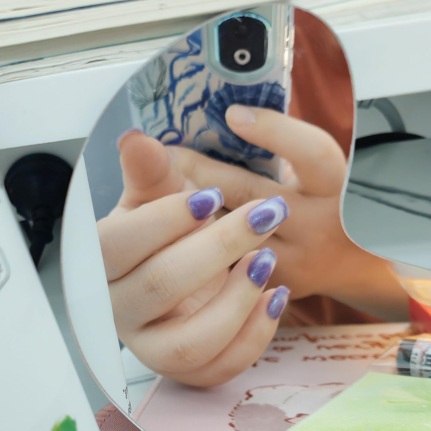 Cat Eye Press on Nails Handmade Short Oval/Square/Round False Nails with French Tip/Aurora/Magnetic Shimmer Designs (French#Grape Pop Rocks, Small)