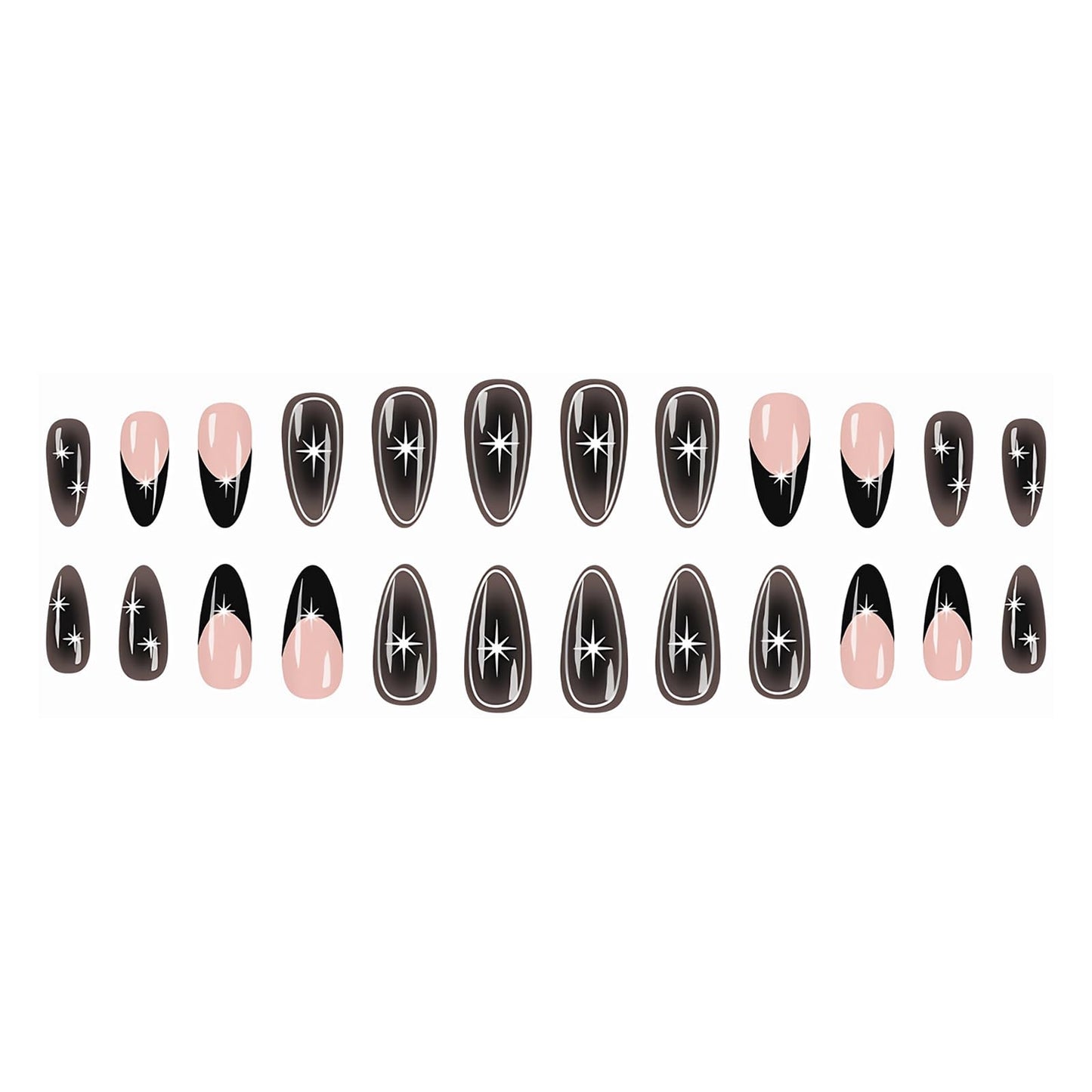 MISUD Press on Nails - Medium Almond Fake Nails with Goth Black, Acrylic Silver Chrome Star Design 24 pcs