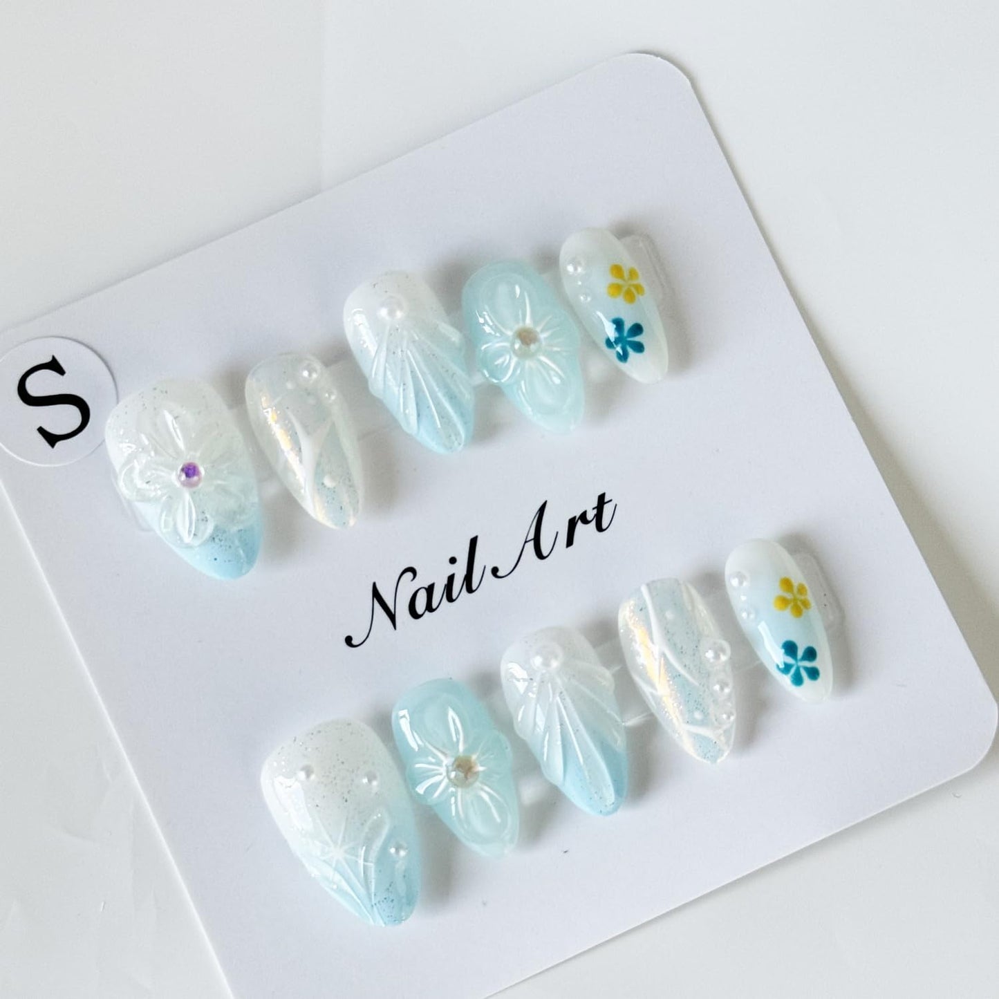 10PCS Handmade Press on Nails Short Almond Fake Nails Blue Gradient Acrylic Nails with Glitter designs Stick on Nails Pearl 3D Flower Unique Full Cover Gel Glue on Nails for Women False Nails（S Size）