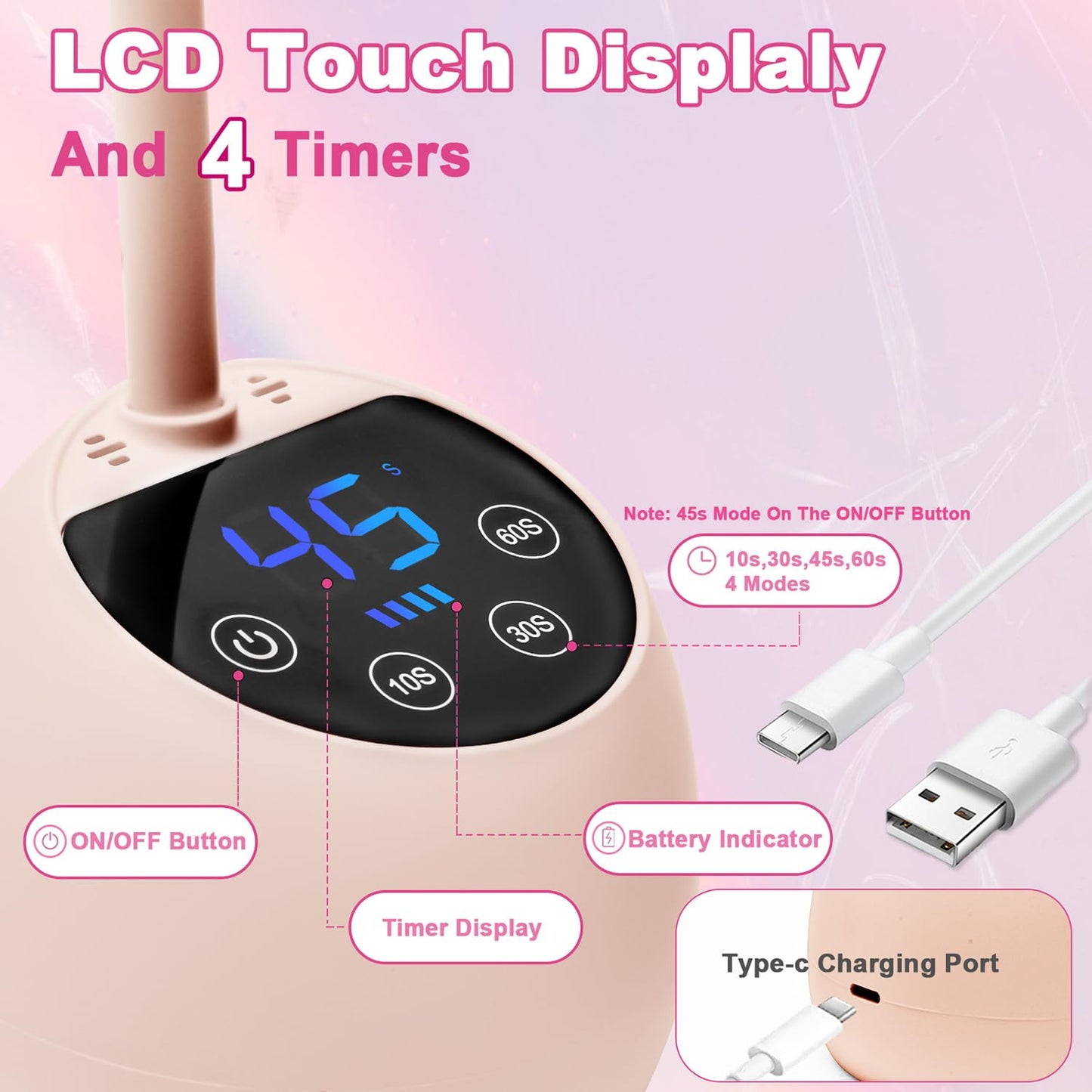 CGBE UV LED Nail Lamp, 36W Mini Cordless Flash Cure Lamp, USB Rechargeable Goosenecks LED Nail Light for Gel Nails with 4 Timers & Auto Sensor for Salon Home DIY Use, Pink