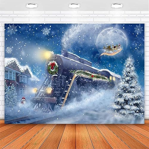 Avezano 10 x 7 ft Christmas Train Backdrop Snow Night Christmas Themed Party Backdrop Moon Santa Claus Railway Photography Background Xmas Day Party Banner Decorations - size: 10x7ft, 118x82inch