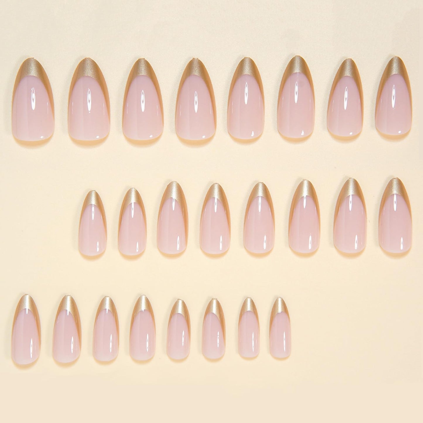 MISUD Press on Nails - Medium Almond Fake Nails with Gold Chrome, Acrylic French Tip Design 24 pcs