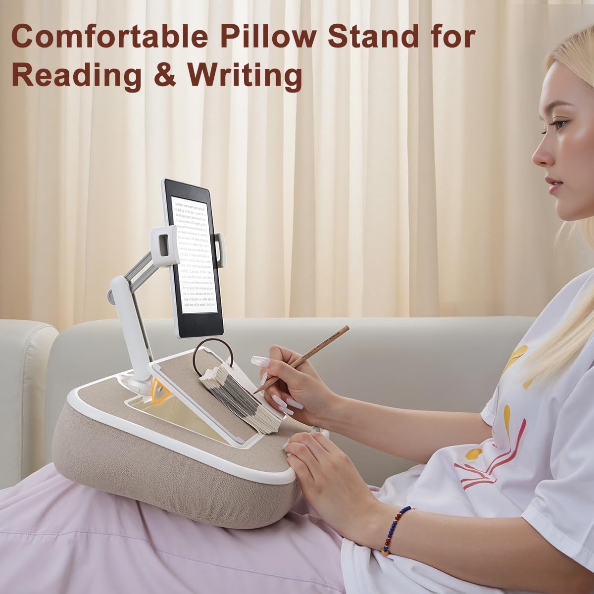 WISFISSH Tablet Pillow Stand with Snack Bowl and Writing Board, 360° Rotating Phone Holder for 4.7-13" Phone Kindle Tablet, Pillow Kindle Holder for Reading in Bed, Couch,Recliner,Floor Etc-Beige