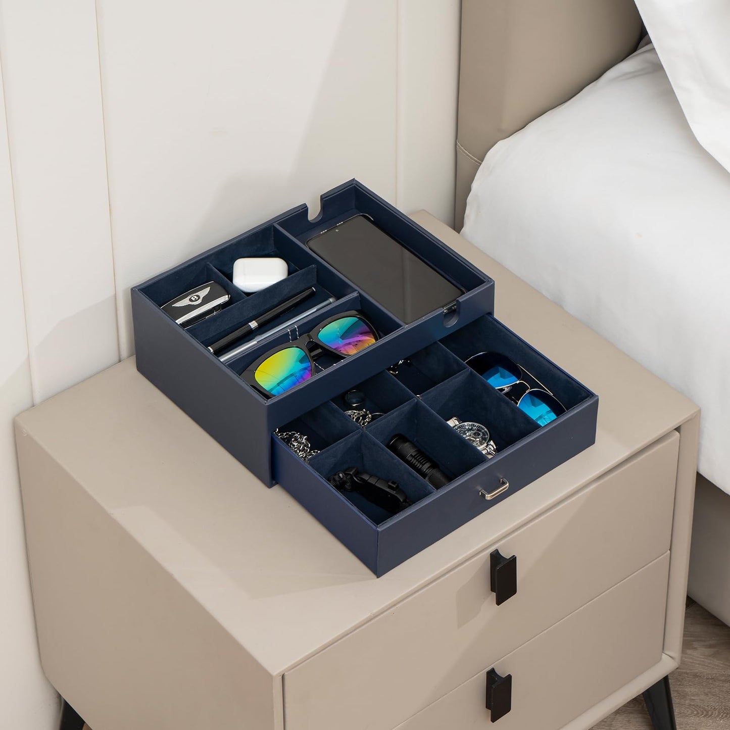 ProCase 2 Layers Valet Tray Gift for Men, Nightstand Organizer EDC Dump Catchall Trays with Phone Charging Station, Dresser Top Table Beside Entryway Storage Box -Black
