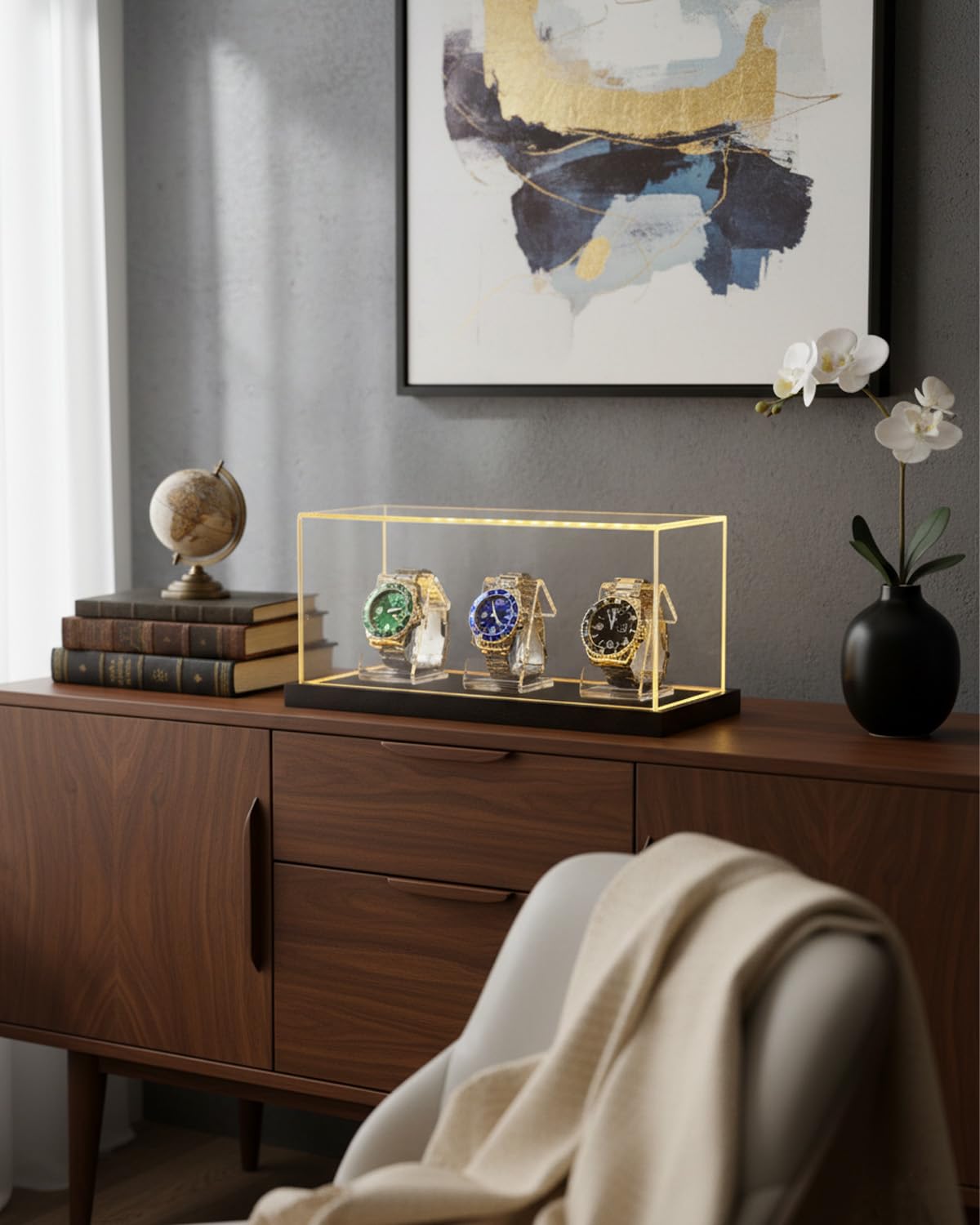 VINJKZQ Acrylic Watch Display Case for 3 Watches, Premium 3mm Thick Dustproof Collector's Box with Solid Wood LED Light Base, USB Powered Watch Holder Organizer Stand