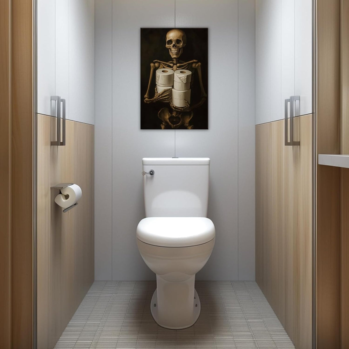 Gothic Skull Wall Art Funny Skeleton with Toilet Paper Canvas Print Vintage Skull Painting Framed Artwork for Living Room Home Halloween Wall Decor(Artwork-8,16"x24")