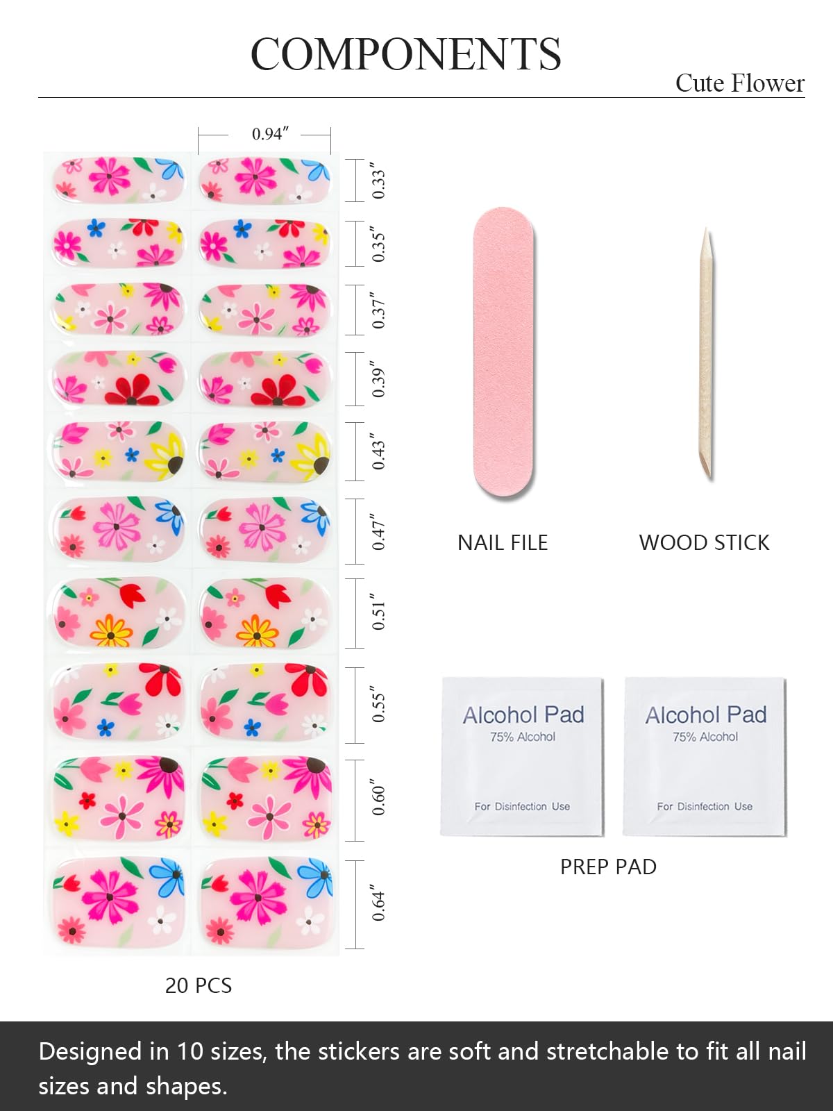 AutyaMee Semi Cured Gel Nail Strips (Cute Flower), 20 Pcs Summer Pink Gel Nail Wraps, Stickers, UV Light Required, Salon Quality, Long Lasting