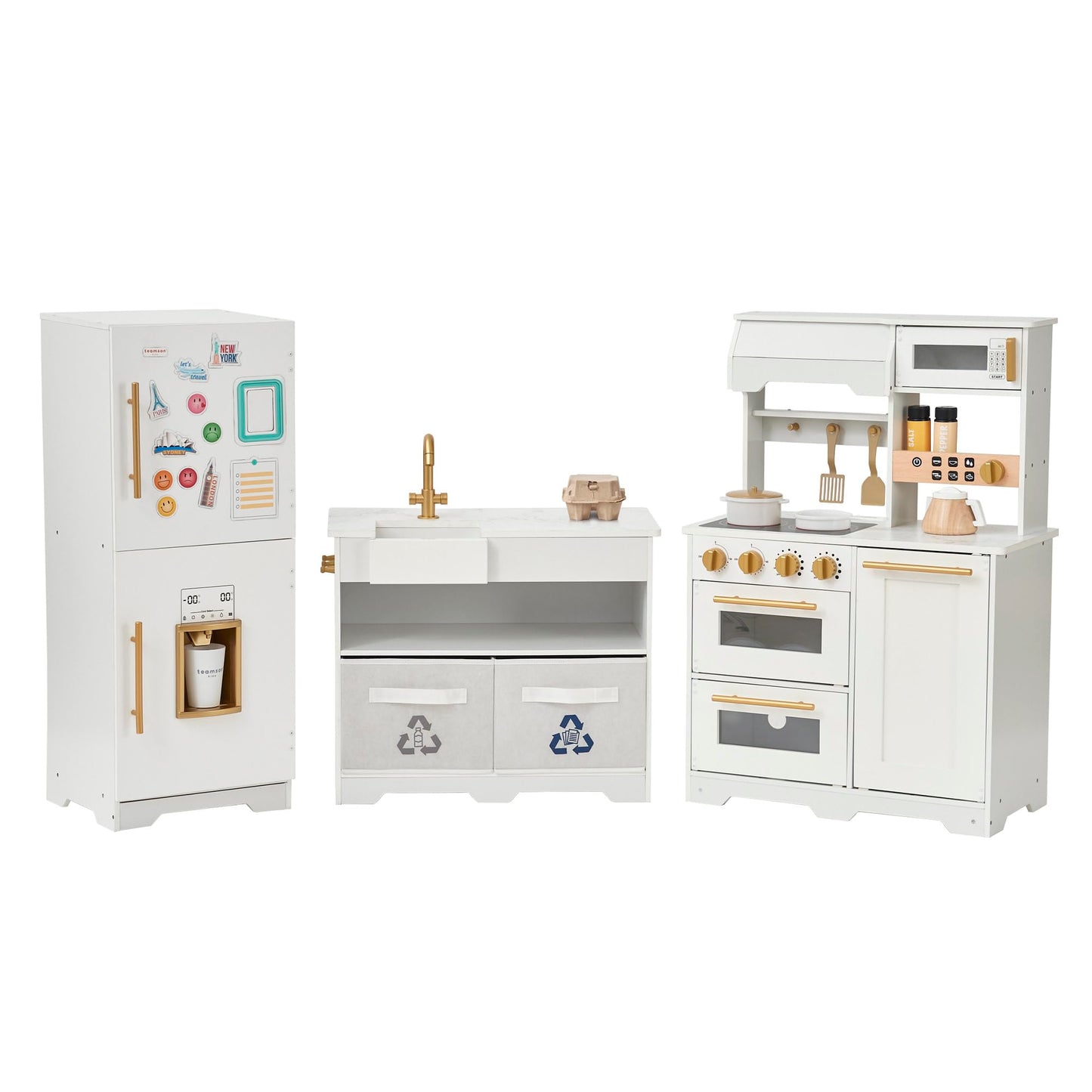 Teamson Kids Little Chef Atlanta Modular Wooden Play Kitchen, 3-Piece Set with Realistic Features & 17 Accessories, White/Gold, Interactive Toy for Toddlers & Kids, Cocina de Juguete
