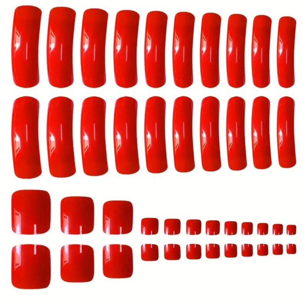48Pcs Red Press on Nails Long Curved Fake Nails with Designs Glossy Solid Red Press on Toenails Short Square Summer Fake Toenails Reusable Full Cover Beach False Toenails for Women Girls Manicure