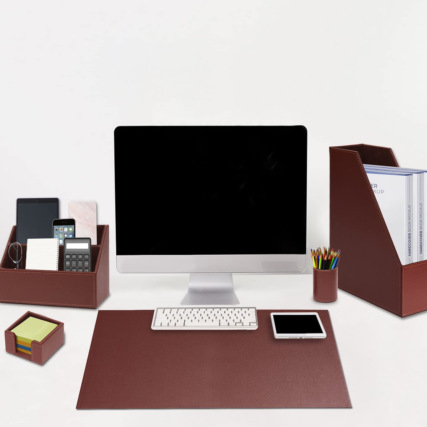 XNONE Office Supplies PU Leather 6-Piece Desk Organizer with Writing Pad, Letter Tray, File Folder Sorter, Pen Cup, Note Holder, Business Card Holder - Brown