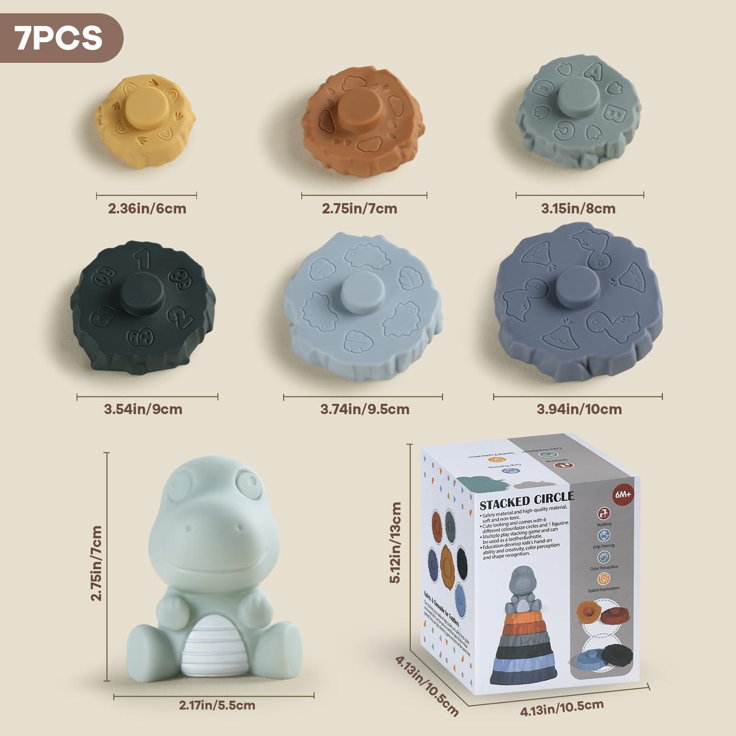 Yrkidstoi Stacking & Nesting Baby Teething Toy, 7 Pcs Soft Building Rings Stacker Toys with Dinosaur Figure, Newborn Essentials Sensory Learning Toys for 6+ Months Infant Toddler Boys Girls