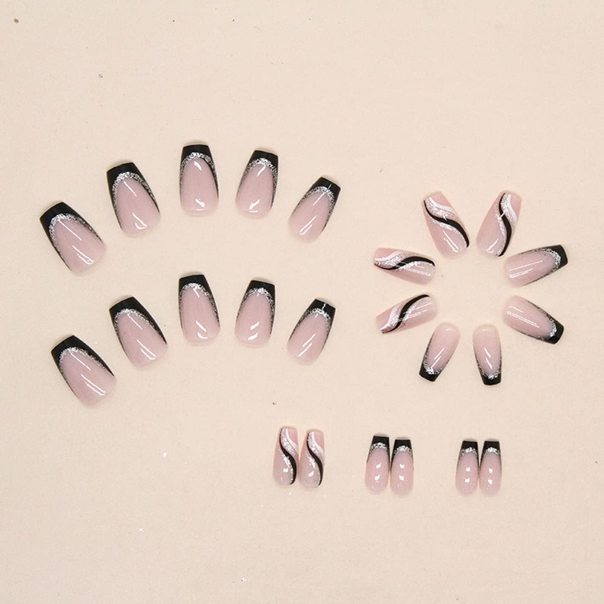 24PCS Black French Tip Press on Nails Medium Length Square Fake Nails with Silver Glitter Line Designs Glossy Coffin Nails Full Cover Nail Tips False Cute Stick on Nails for Women