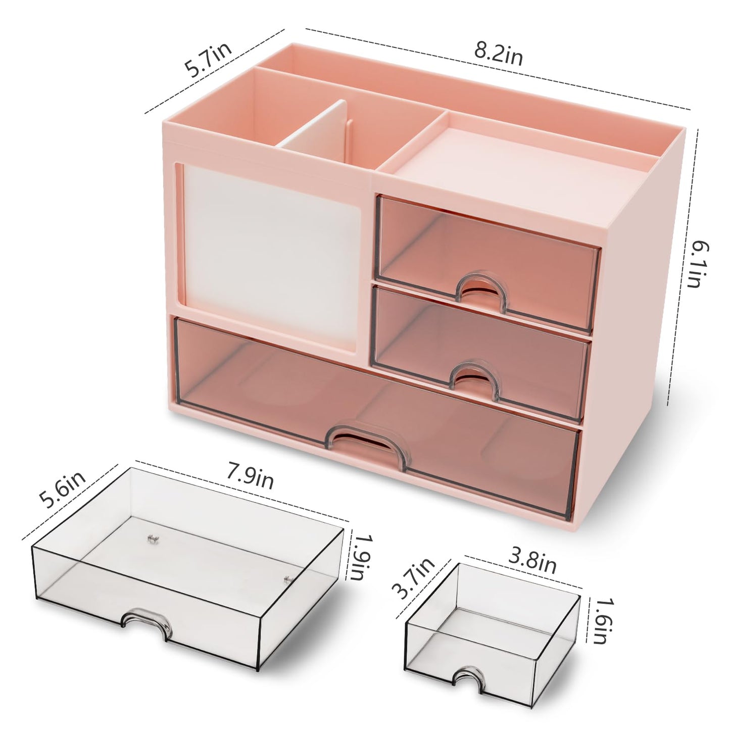 QIYVLOS Multi-Functional Desk Organizer with 3 Drawer and 8 Compartments, Pink