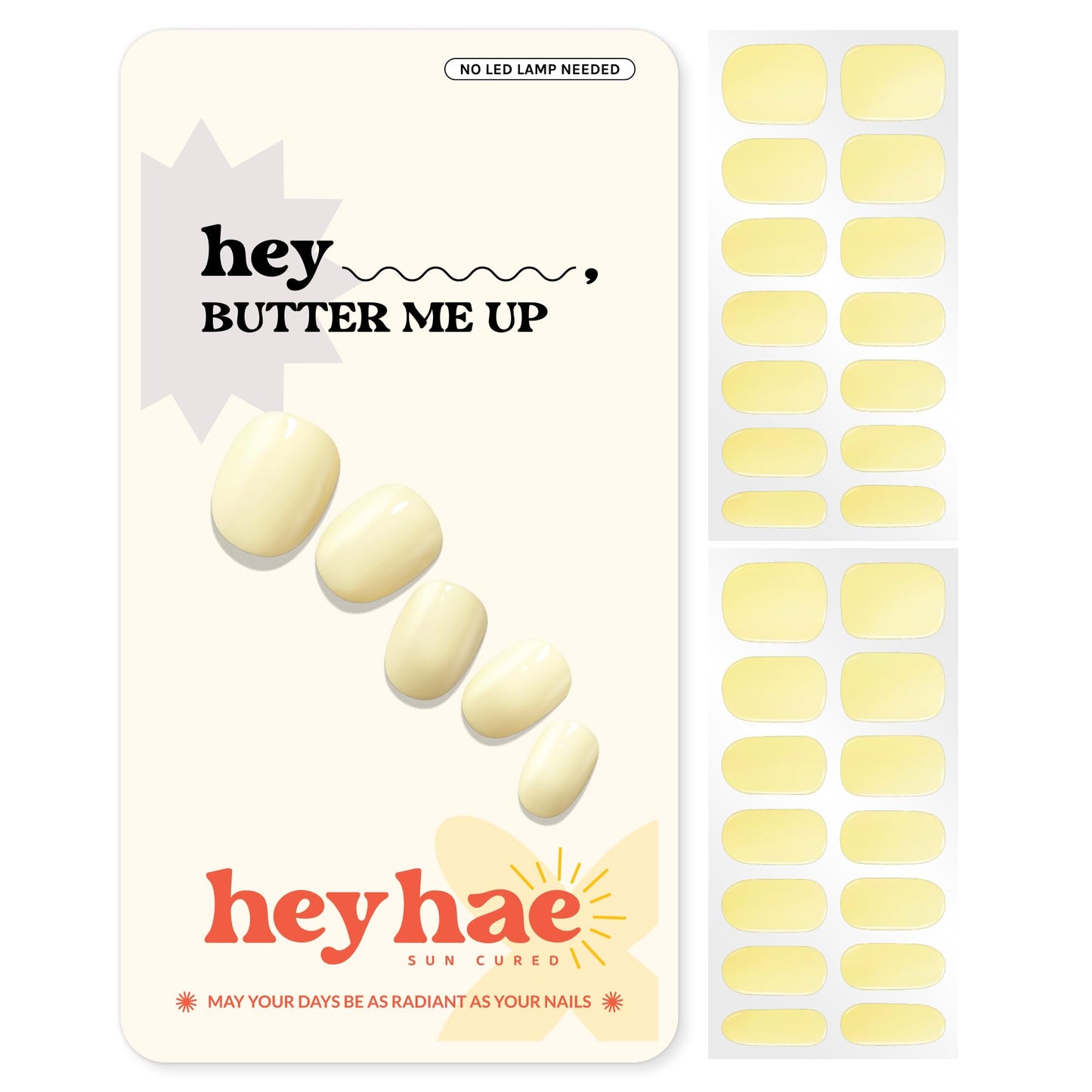 Heyhae Semi Cured Gel Nail Strips | No LED Lamp Needed | Solid, Yellow | Easy Apply & Remove, Salon Quality | Includes 28 Strips, 1 Prep Pads, Nail File & Wooden Stick - Hey, Butter Me Up