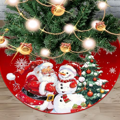 Christmas Tree Skirt 48 inch, Red Plush Snowman Snowflakes Christmas Tree Skirt, Farmhouse Xmas Tree Skirt Ornaments for Christmas Tree, Holiday Decor Party Christmas Decorations (48 inch)