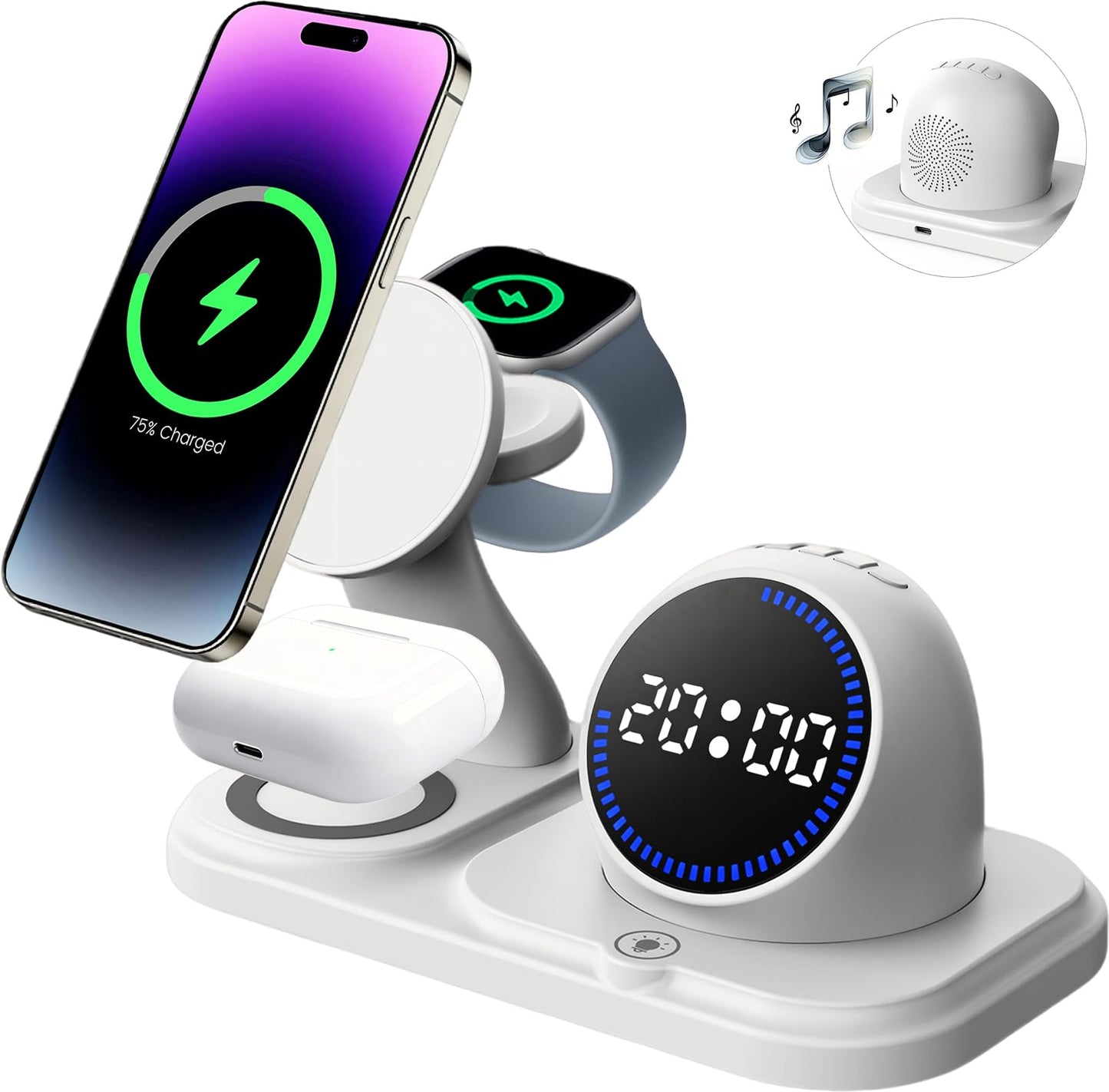 Wireless Charging Station with Clock,6-in-1 Charging Stand for Multiple Devices for iPhone 17 16 15 14 13 12 Pro Max, Apple Watch, Airpods, Bluetooth Speaker + RGB Light