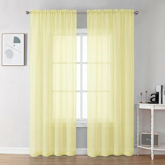 Chyhomenyc Sheer Curtains 84 Inches Long 2 Panels Set - Light Filtering Soft Airy Window Curtains, Rod Pocket for Living Room Bedroom Window Drapes, 42Wx84L Inch, Light Yellow