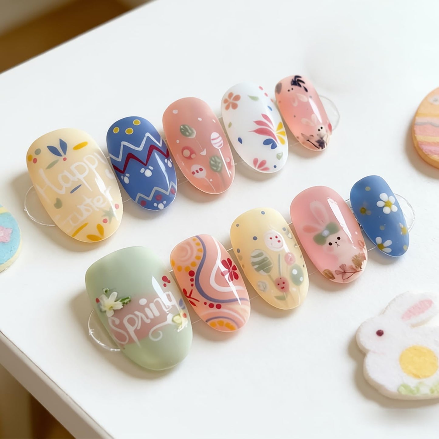 24Pcs Happy Easter Press on Nails Short Oval Fake Nails with Spring Flower Designs Glue on Nails Cute Rabbit Acrylic Nails Easter Egg False Nails Flower Bunny Full Cover Artificial Nail for Women