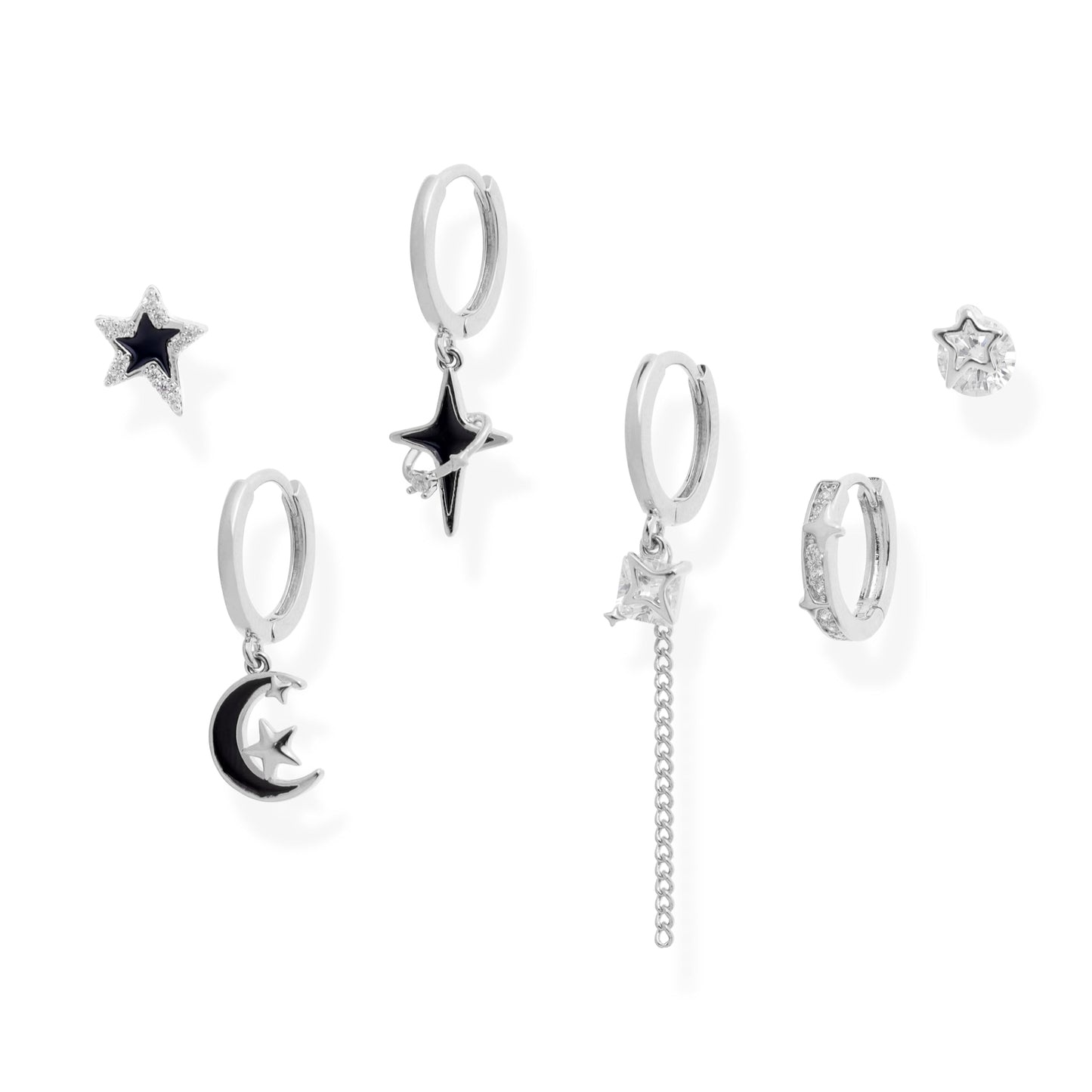 Frigotine 3PCS Silver Star Hoop Stud Earrings Stack Set for Women, Dainty Rhinestone Star Black Enamel Moon Planet Tassels Multiple Piercing Cartilage Prom Fashion Jewelry Gift