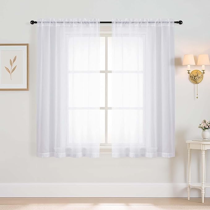 White Window Sheer Curtains 45 Inches Length, Voile Short Curtains for Living Room Bedroom, Modern Soft Window Drapes 2 Panels Set, Top Dual Rod Pocket Design, 2x42Wx45L Inches