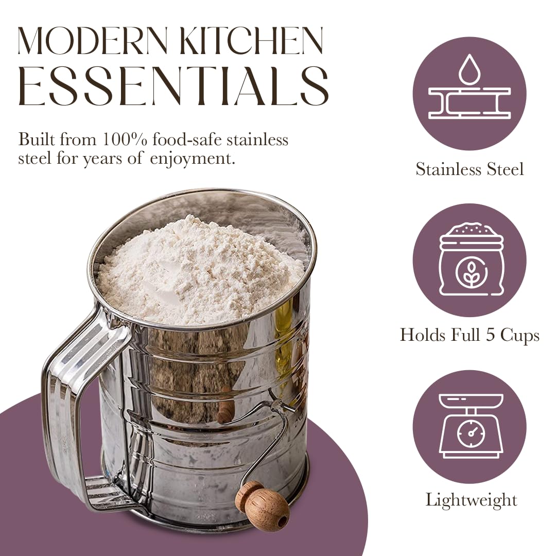 Bellemain 5 Cup Flour Sifter for Baking Fine Mesh Rotary Hand Crank with Loop Agitator for Quick Sifting, Flour Sifter Stainlees Steel