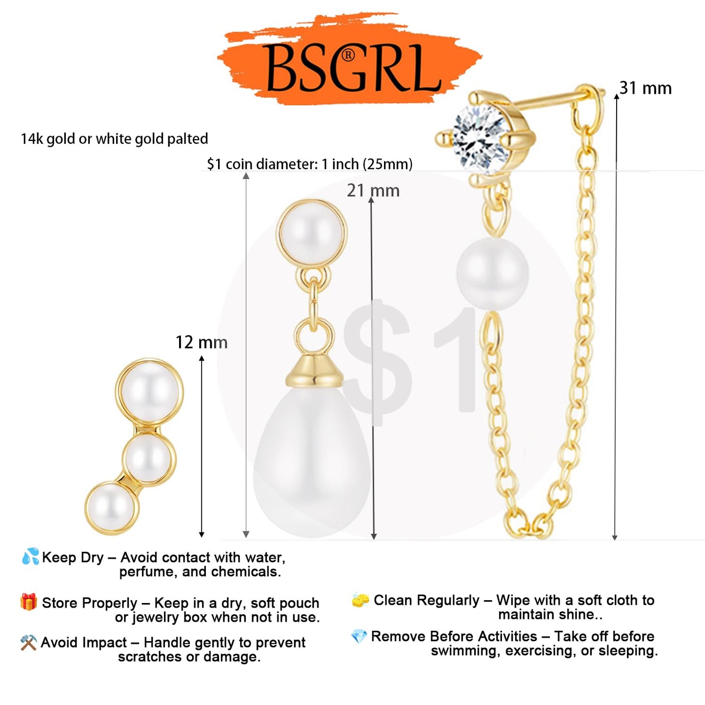 BSGRL Pearl Earrings - 14k Gold Plated Tiny Pearl Stud Earrings Set Cartilage Ear Stack for Women