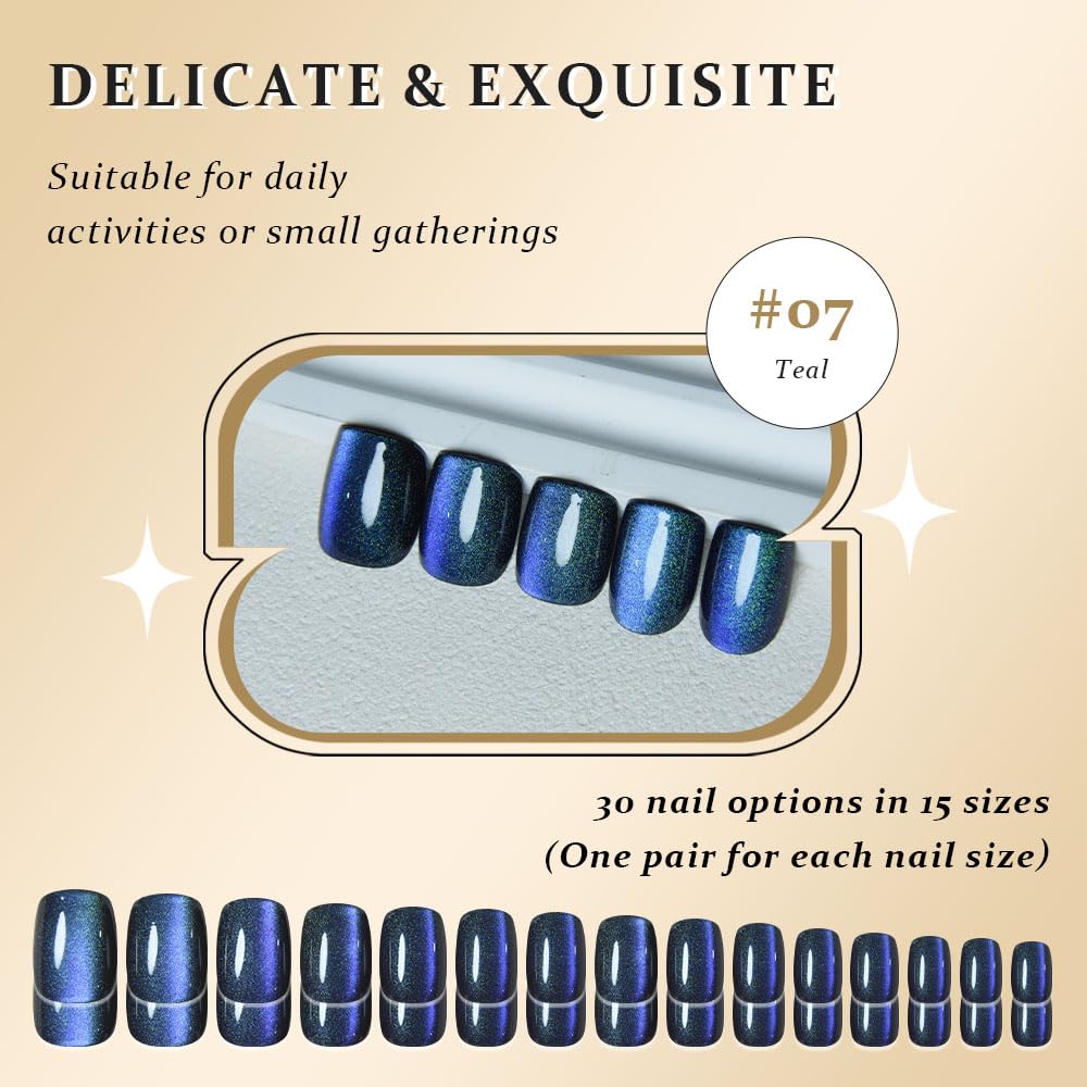 evpct Teal Blue Cat Eye Extra Short Square Press on Nails, Petite Short Square Stick on Nails for Women Gift, Holographic Glossy Fake Nail Reusable, Soft Press on Acrylic Nail with Designs