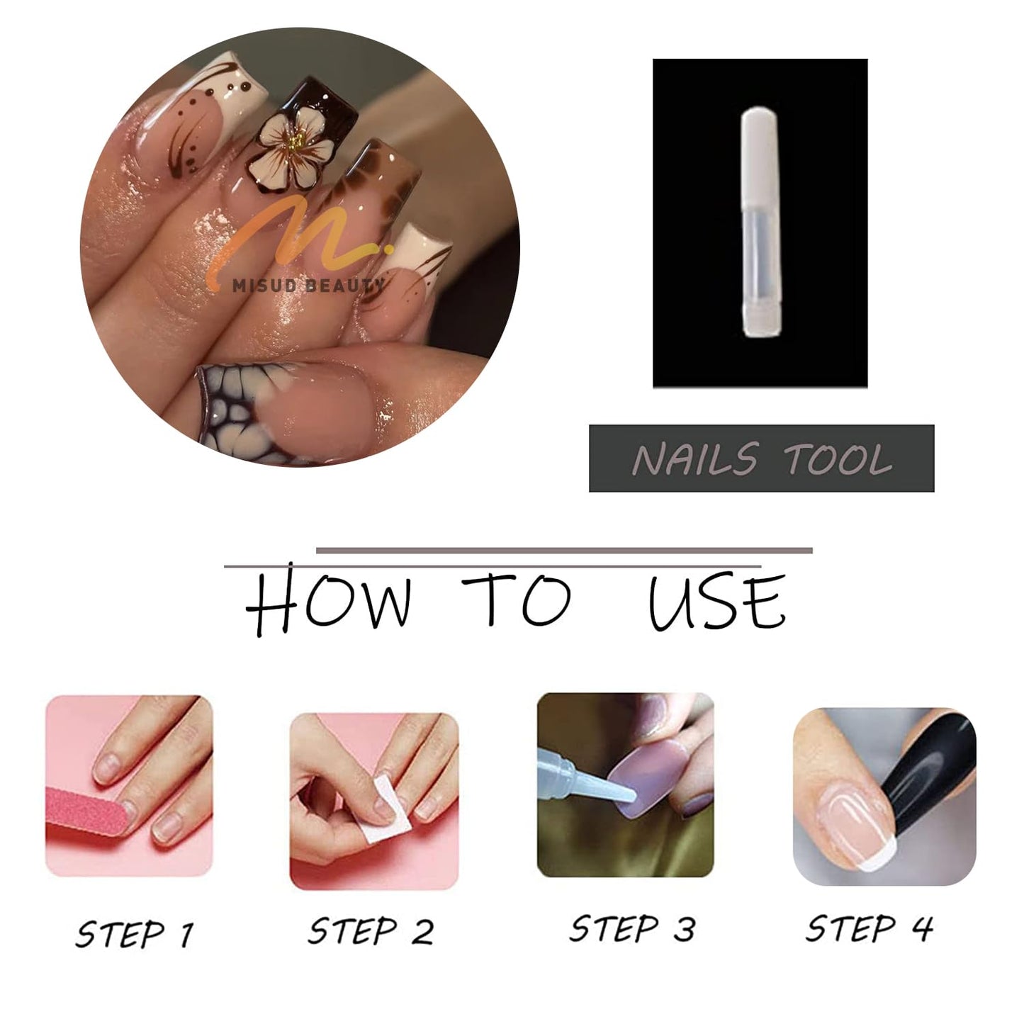 MISUD Press on Nails - Long Square Fake Nails with Fall Brown, Acrylic Autumn Flower Design 24 pcs