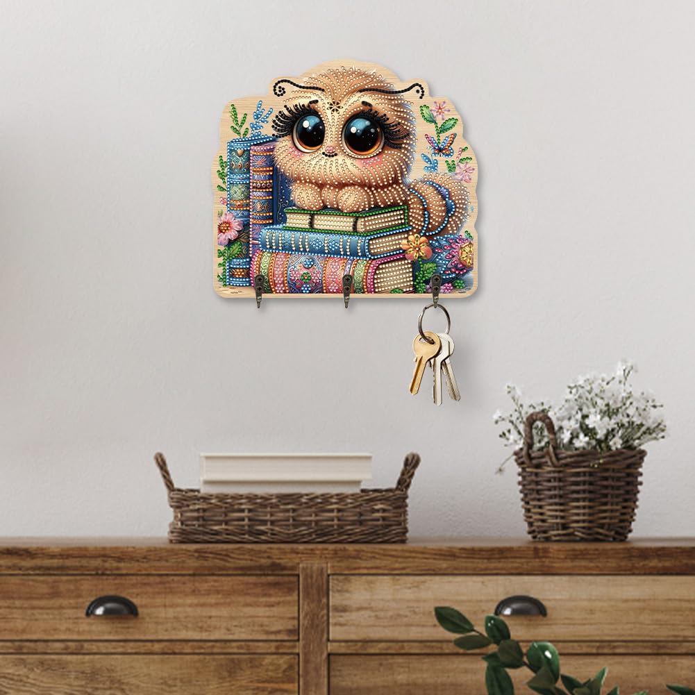 Diamond Art Pianting Key Holder, Cute Caterpillar Wall Organizer with 3 Hooks & Adhesive Backing, DIY Entryway Decor for Keys, Unique Functional Craft Gift for Women, Home Office Organization