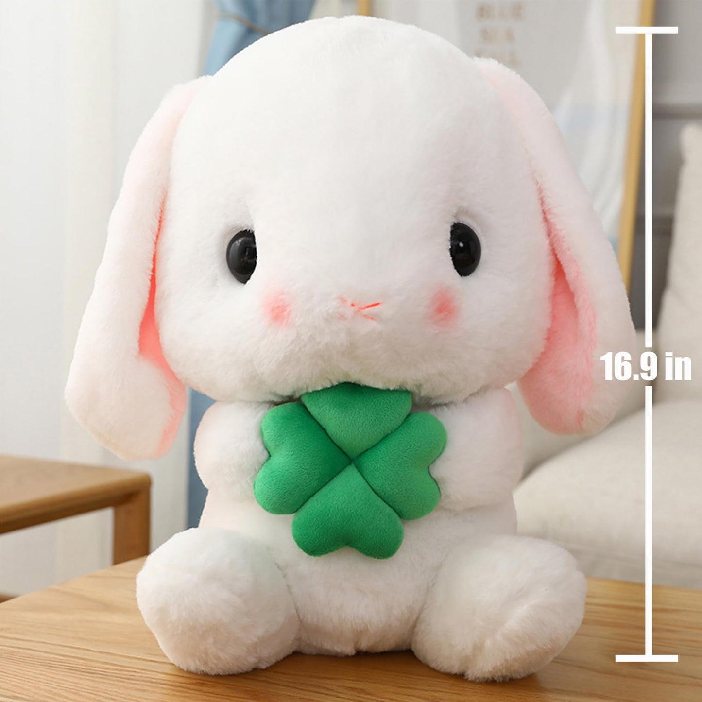 HOUPU Soft Toy - Sitting Lop Eared Rabbit, Easter White Rabbit Stuffed Bunny Animal with Carrot Soft Lovely Realistic Long-Eared Standing Pink Plush Toys (White-Four Leaf,16.9in/43cm)