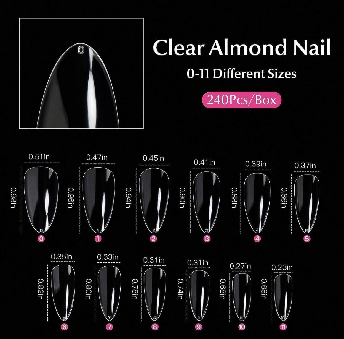 Professional Almond Nail Tips Set, 240 Pieces Clear Press-On Extensions, 12 Sizes
