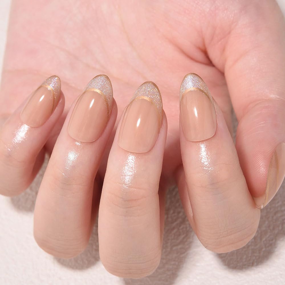 evpct French Tip Press On Nails Short Almond, Nude + Gold Line & Glitter Tips, Short Almond Fake False Press on Nails, Soft Gel Stick on nail Press ons with Nail Kit, Reusable Salon Quality