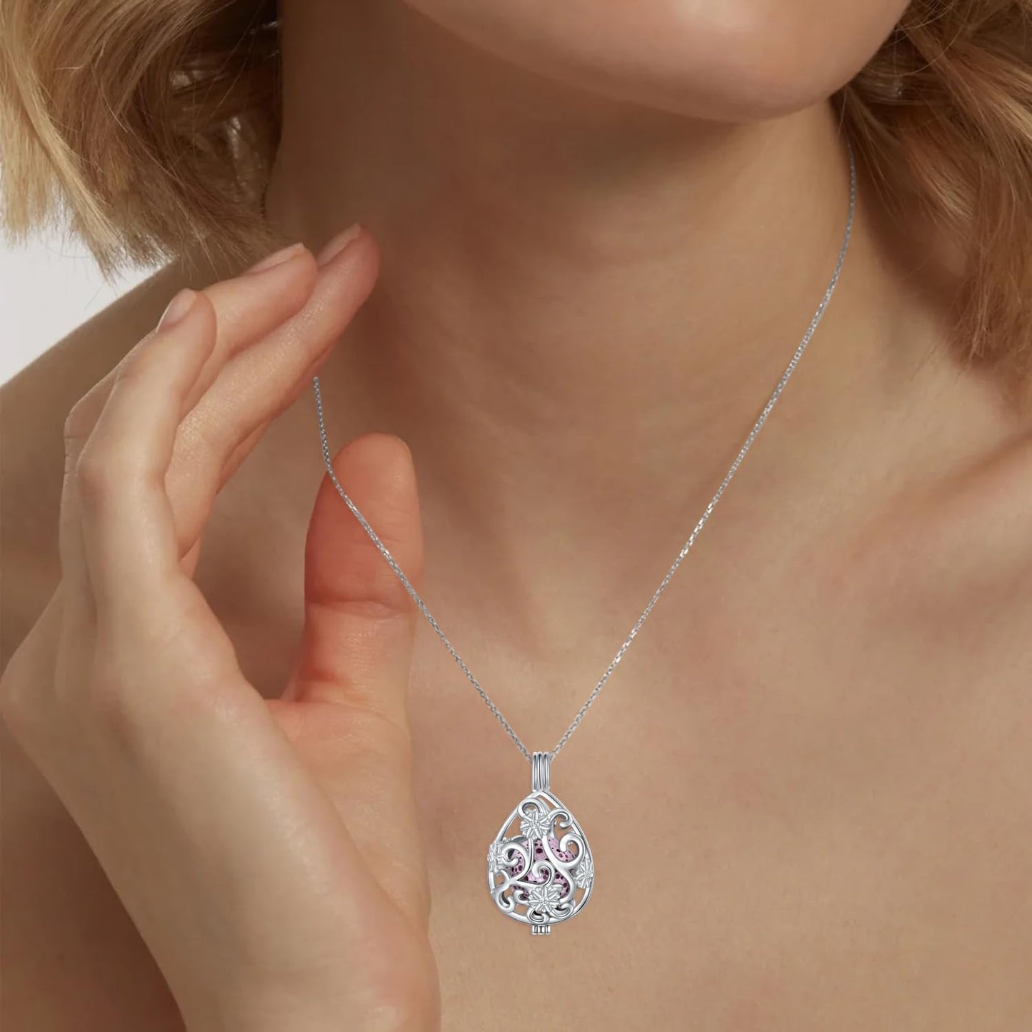 DAOCHONG S925 Sterling Silver Aromatherapy Essential Oil Diffuser Necklace Teardrop Flower Locket Perfume Pendant Necklace Jewelry 18+2 inches Adjustable Chain with 10 PCS Stones
