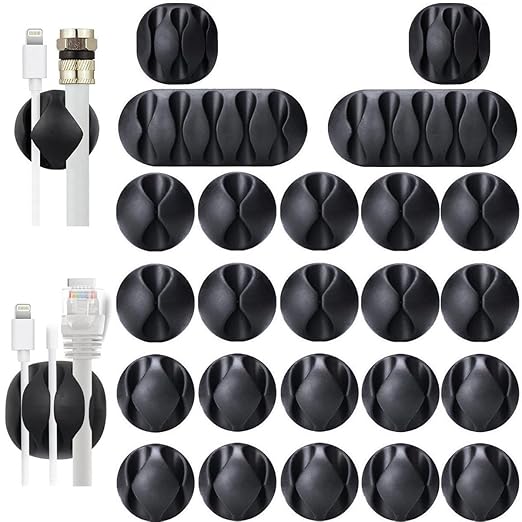 OHill Desk Cable Management Cord Organizer, 24 Pack Black Self Adhesive Cord Holder Cable Clips, Ideal Cable Organizer Wire Keeper for Desk, Nightstand, Phone Charger, Computer, Home, Office, Car