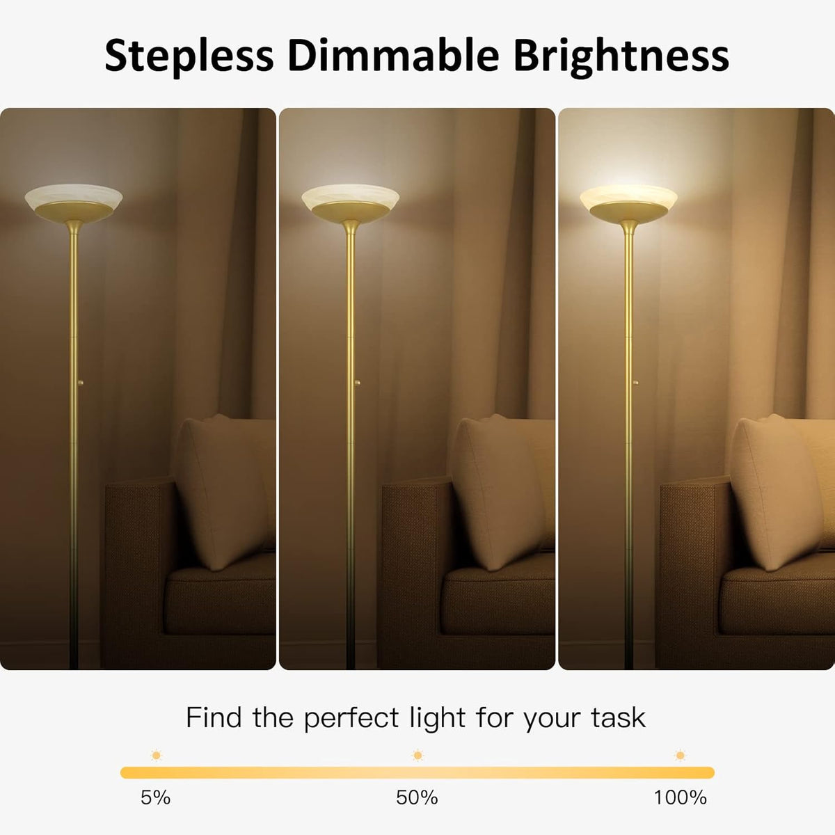BoostArea Torchiere Floor Lamp, 24W Super Bright LED Standing Lamp, 3000K Stepless Dimmable Pole Lamp with Rotary Switch, 70 Inch Tall Metal Modern Floor Lamps for Living Room/Bedroom/Office/Den, Gold