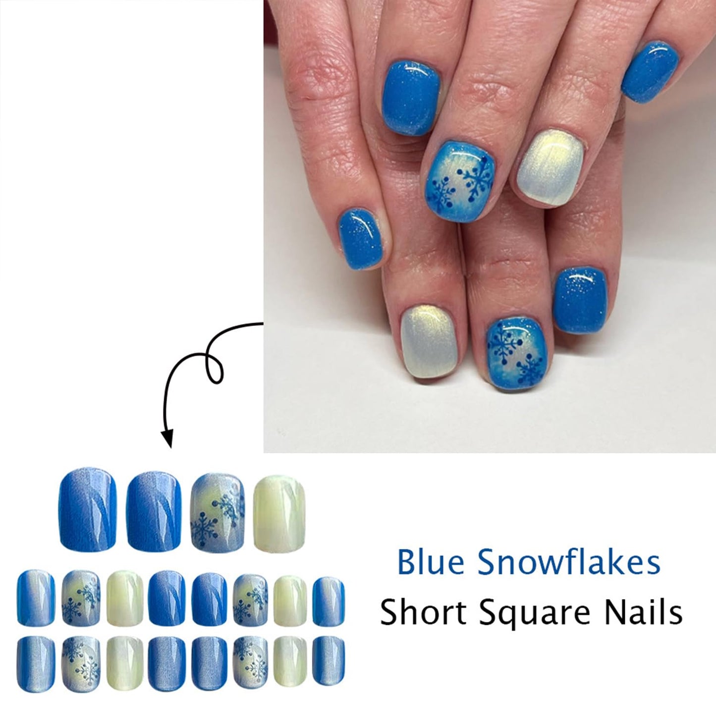 LWTZLW Christmas Press on Nails Snowflake Short Square False Nails Blue White Glitter Full Cover Glue on Nail Blue Snowflake Design Acrylic Fake Nails Winter Artificial Glossy Nail Reusable for Women