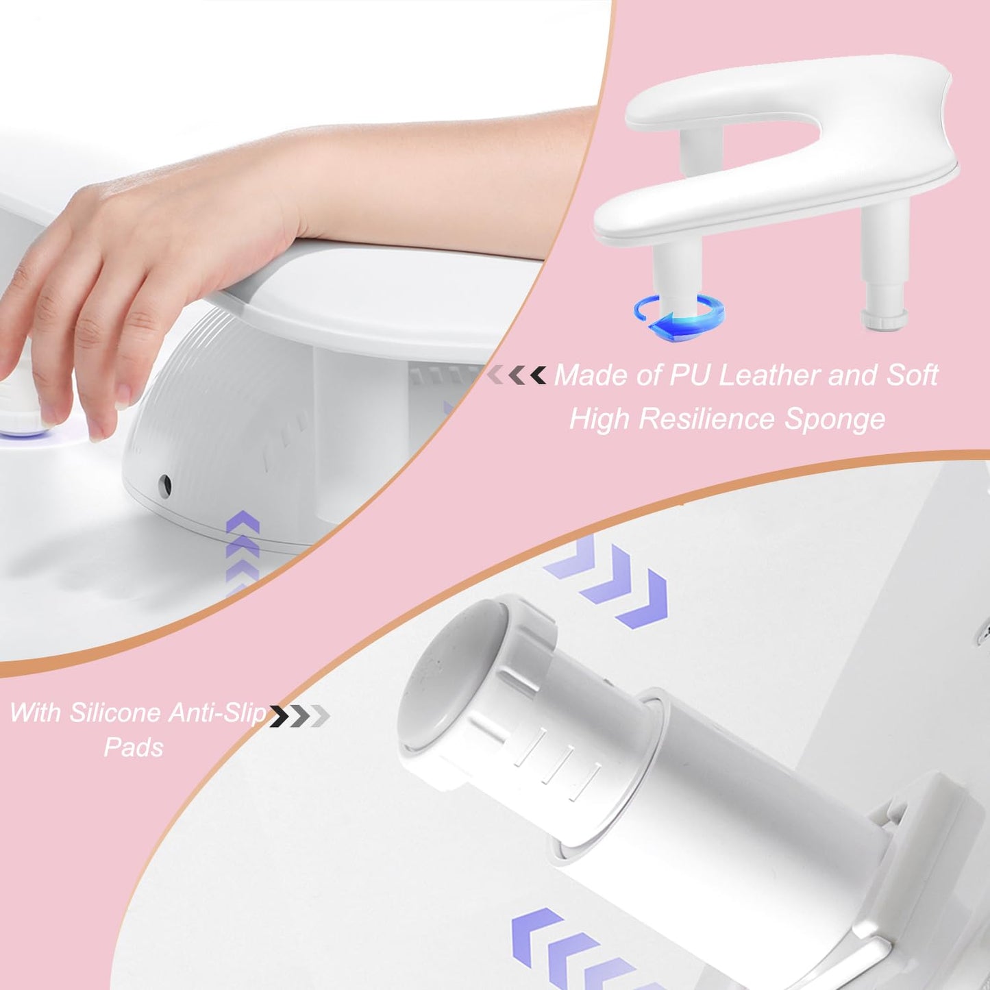 ibubu Upgrade Nail Arm Rest Height Adjustment U-Shaped Manicure Hand Rest Pillow Cushion Soft PU Leather Detachable Nail Art Hand Stand Holder for Nails Tech White