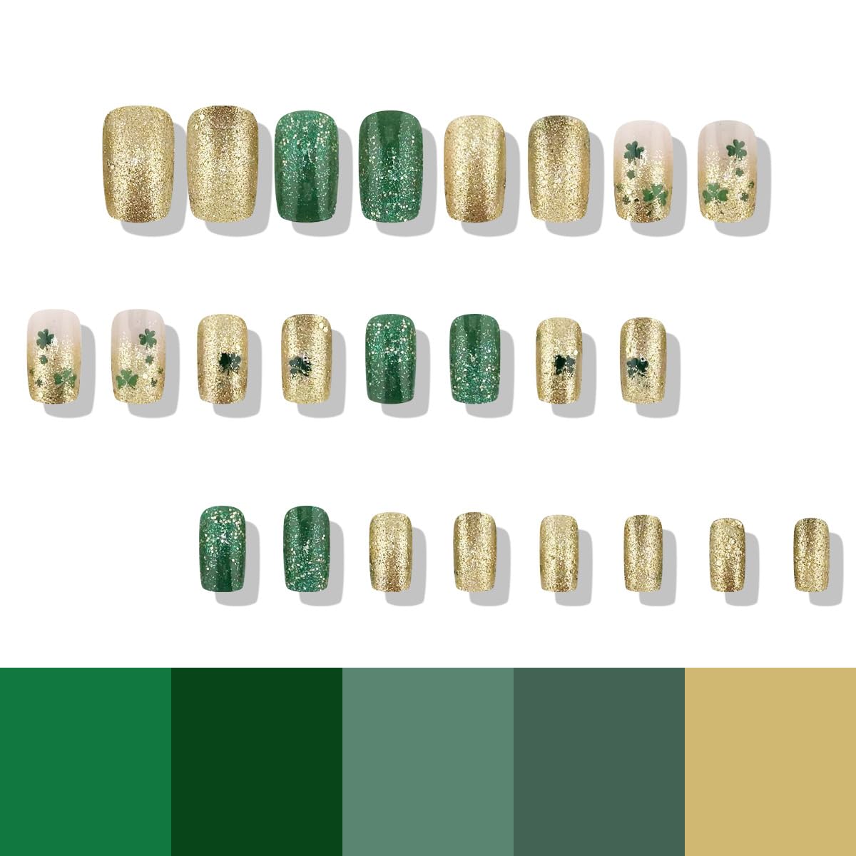 24 Pcs St. Patrick's Press on Nails Medium Square Shamrocks Green Gold Flash Fake Nails Lucky Clover Glitter Gradient Design False Nails Full Cover Stick on Nails for Women Nails Decoration