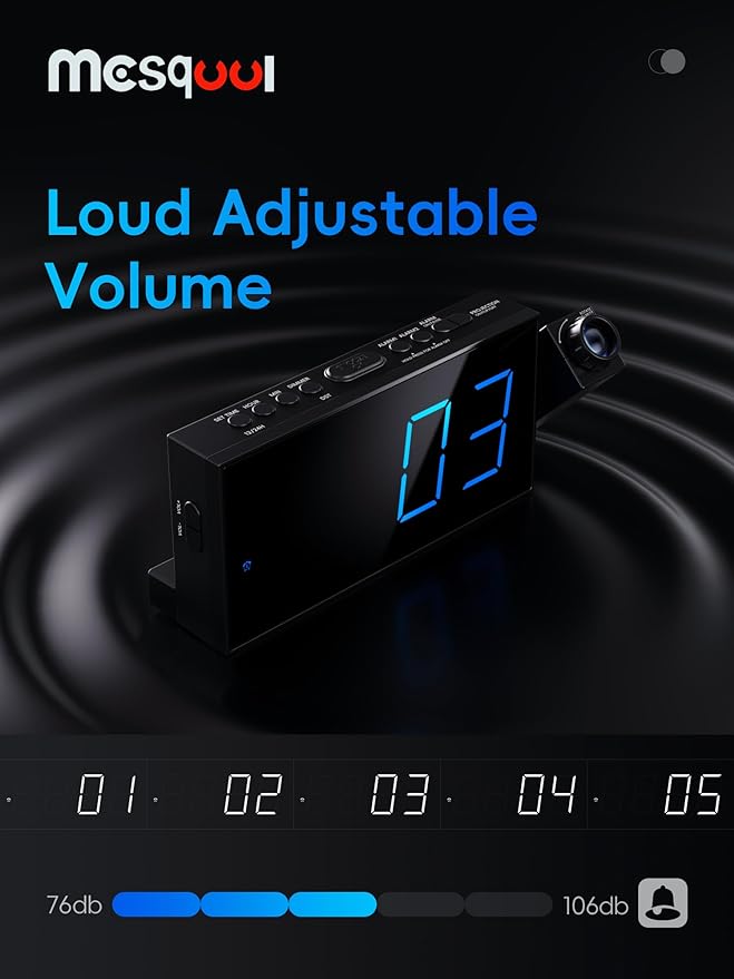 Mesqool Digital Projection Alarm Clock with Dual Alarms, 5 Levels Dimmer | 180° Rotatable Projector,12/24H & DST, Large LED, Snooze, with Battery Backup, Loud Alarm Perfect for Heavy Sleepers